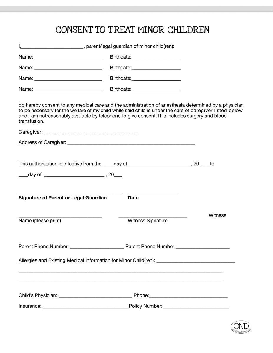 NEW!! Medical Release / Authorization to Treat a Minor – Our Nanny Diary